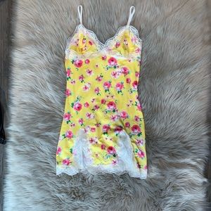 Size Small Summer Mini Dress Yellow Dress with Pink Floral White Lace Trim